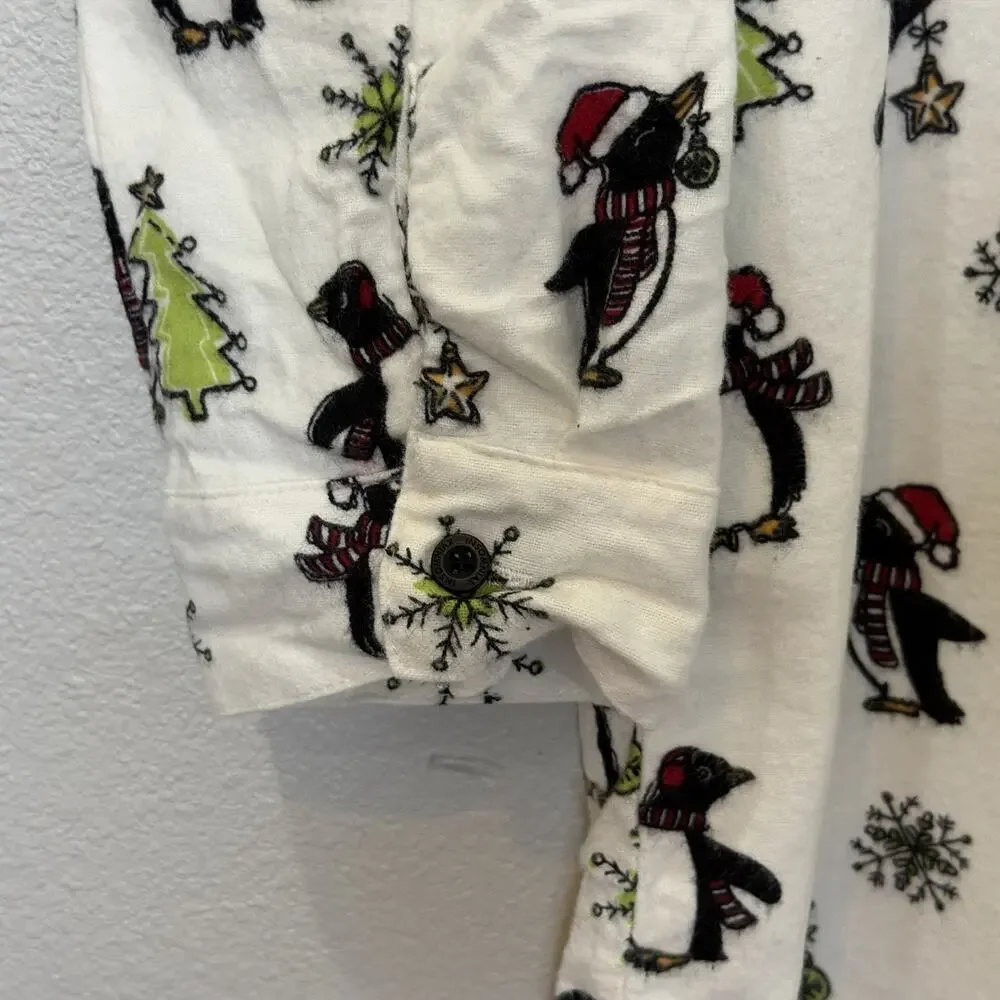 Insomniax Flannel‎ Christmas Print Sleep Shirt Womens Size Small Penguins Trees